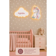 Ahşap Unicorn Ve İsme Özel Bulut Pilli Ledli Gece Lamba Seti Yıldız Hediyeli Bebek Çocuk Odası Pembe