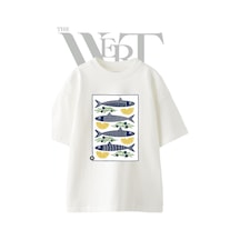 Thewert Sardalya Limon Zeytin Tasarım Baskılı Ünisex Beyaz Oversize T-shirt