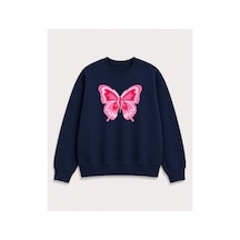 Herkesemoda Kelebek Baskı Detaylı Şardonlu 2 İplik Bisiklet Yaka Sweatshirt Lacivert