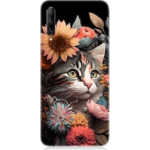 Huawei P Smart Pro Uyumlu Silikon Kılıf Çiçekler Ve Kül Gri Kedi