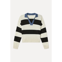 Mudo Kadın Kadın Ekru Çizgili Loose Fit Polo Yaka Kazak 1272008