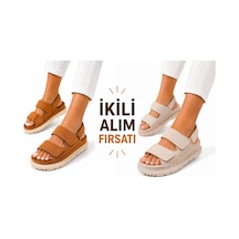 Papucumun Dünyası Kadın Yüksek Taban 4cm Çift Bantlı Rahat Şık Konforlu Sandalet Çok Renkli1