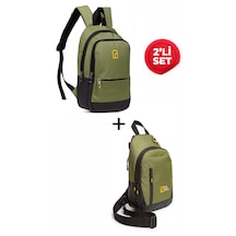Esvelans Unisex Mini Sırt Çantası Ve Çapraz Askılı Göğüs Omuz Çantası Body Bag Set Haki