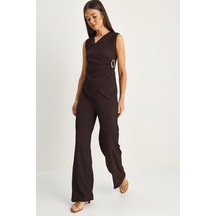 Shade Kadın Kruvaze Yaka Drapeli Aksesuar Detaylı Bluz Beli Lastikli Pantolon Bürümcük Takım 2334 60286191 - Acı Kahve Çok Renkli