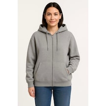 Üç İplik Kapüşonlu Tam Fermuarlı Kanguru Çepli Sweatshirt Hoodie - Gri Gri