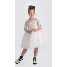 Mnk Baby & Kids Dantel Puanlı, Uzun Kol Prenses Kız Çocuk Elbise M00707 Beyaz