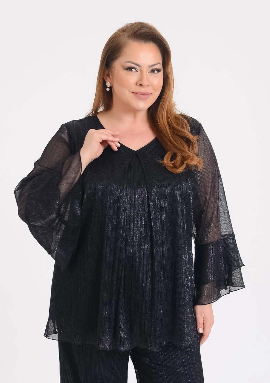 Lilas Xxl Büyük Beden Siyah Renkli V Yaka Abiye Bluz Siyah