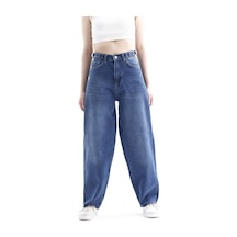 Pass&pass 2430 Kadın Yandan Tokalı Baggy Jeans Kot Denim Pantolon Mavi
