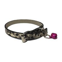 Gri Leopar Desenli Derili 1 CM Metal Kilit Tokalı Zilli Kedi Tasm