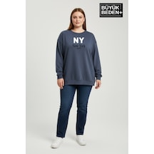 Süperlife Kadın Büyük Beden Ny Newyork Baskılı Bisiklet Yaka İnce Sweatshirt Spr26bswk956-15 Mavi