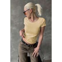 Sarı Geniş Yaka Fittili Basic Kadın T-shirt Mg2293 Sarı
