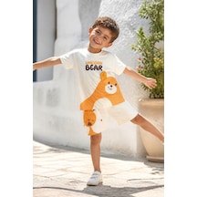 Eray Alp Kids Erkek Çocuk Beyaz Baskılı Ayıcık Tişört Şort Takımı Yazlık Günlük Model