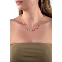 Altın Renkli İnce Zincirli Pastel Renk Taşlı Geometrik Charm Kolye Altın