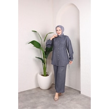 Hira Life Fashion Kadın Çilek Kumaş Gömlek Yaka Önü Düğmeli Yandan Bağcıklı Gömlek Tunik-pantolon İkili Takım Gri Gri