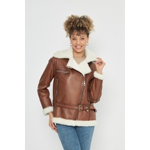 M M Marki Marki Deri Ve Kürk Kadın Kaban - 77 Cm, Taba Rengi, Kemerli, Oversize - 106322
