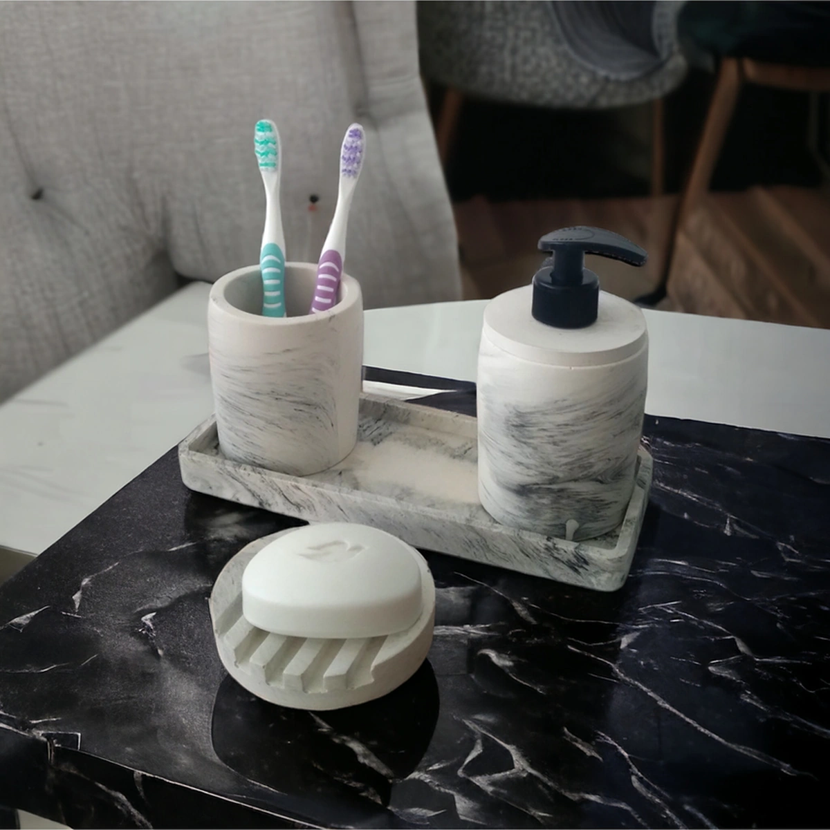 Marble 4'lü Banyo Seti ,sıvı Sabunluk Diş Fırçalığı Beton Aksesuar Takım Gri