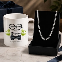 Bk Gift Kişiye Özel Babalar Günü Tasarımlı Beyaz Kupa & Figaro Zincir Kolye -2, Babalar Günü Hediyesi Gümüş