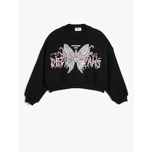 Koton Crop Sweatshirt Kelebek Baskılı Uzun Kollu Bisiklet Yaka Siyah 5wkg10198ak Siyah