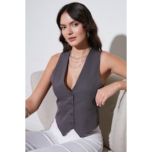 Lela Fitted Fit Düğmeli V Yaka Düğmeli Bayan Yelek 6696796 Füme