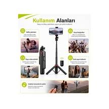 1,8 Metre Bluetooth Selfie Çubuğu Tripod Uzaktan Kumandalı 360 Döner Type-c Şarjlı