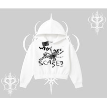 Beyaz Crop Kapşonlu Sweatshirt Why Are U Scared Beyaz