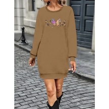 DefyModa Kadın Uzun Kollu Bisiklet Yaka Viskon Iki Iplik Elbise Bej