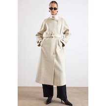 Olcay Dik Yaka Pat Detaylı Oversize Kaban Bej Melanj 3177