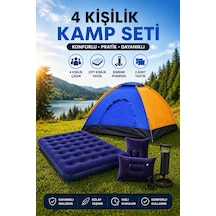 4 Kişilik Kamp Çadırı Çift Kişilik Şişme Yatak 2 Şişme Yastık Kamp Seti Mavi