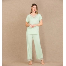 Ang Butik Kadın Viskon Şık Tasarım Dantel İşlemeli Açık Yeşil Kısa Kol Pijama Takımı