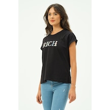 Siyah Kadın Rich Nakışlı Tişört Tshirt Çok Renkli