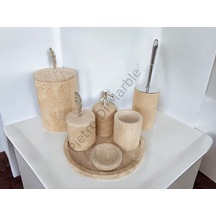 Sarı Traverten Klasik Model 7 Parça Gümüş Renk Kuş Tüyü Aksesuarlı Banyo Seti Sarı Traverten