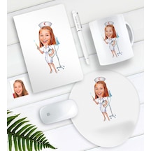 Kişiye Özel Hemşire Karikatürlü Defter Kalem Kupa Mouse Pad Seti-2