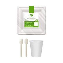 Ekolojik Kare 26 Cm. 72 Kişilik Parti Piknik Sofra Sunum Seti - Tabak Bardak Çatal Kaşık Takımı