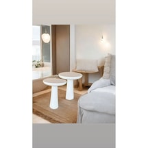 Wood Wooden Ahşap 2 Li Set Fitilli Mantar Beyaz Yan Sehpa