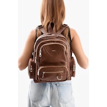Baginn Suni Deri Kadın Sırt Çantası 38 28 Cm Mega Bag Günlük Kullanıma Uygun Çok Cepli İçi Astarlı Taba