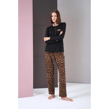 Pjs 26004 Kadın Uzun Kol Leopar Desenli Pijama Takım Siyah