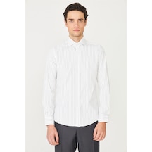 Lacivert İnce Çizgili Uzun Kollu Gömlek Slim Fit Beyaz - Lacivert