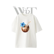 Thewert Coconut Cocktail Tasarım Baskılı Ünisex Beyaz Oversize T-shirt