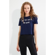 Kadın Baskılı T-shirt Lacivert