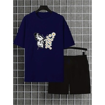 Uyguntarz Unisex Papatyakelebek Tasarım Basklı Tshirt Eşofman Takımı Lacivert