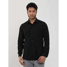 Dufy Siyah Erkek Slim Fit Gofre Desenli Brent Yaka Uzun Kol Gömlek - 104815-siyah Siyah