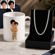Bk Gift Kişiye Özel Baba&çocuk Karikatürlü Beyaz Kupa & Gurmet Zincir Kolye -2, Babalar Günü Hediyesi Gümüş