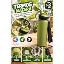 600 Ml Haki Termos Matara Paslanmaz Çelik İç Yüzeyli Kulplu Taşıma İpli Sıcak Soğuk İçecek