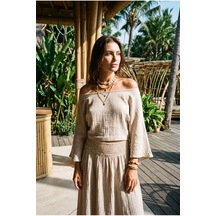 Fashion Cocktail Antik Roma Cepli Elastik Bel Örgü Detaylı Yırtmaçsız Etek Kayık Yaka Geniş Kol Salaş Kısa Crop Bluz Doğal Naturel Müslin Bohem Tatil Sahil Yazlık İkili Takım Kadın Set Vizon