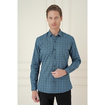 Efor Slim Fit Kazayağı Desenli %100 Pamuk Casual Mavi Gömlek G 1585 Mavi