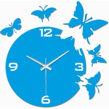 Mavi Kopan Uçuşan Parçalı Kelebekler Kelebekli Sessiz Duvar Saati
