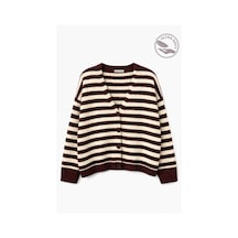 Mixray 7017 Kadın Yün Karışımlı Oversize Çizgili Triko Hırka Bordo