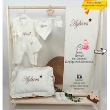 Gros Shop 4katlı Müslin Kumaş 7'li Bağcıklı Tulum %100pamuk Hastane Çıkışı Kişiye Özgü İsimli Nakış Desenli Ekru