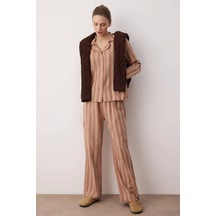 Gül Kurusu-ekru Pamuklu Kalın/kışlık Çizgili Flanel Dokuma Pijama Takımı Çok Renkli