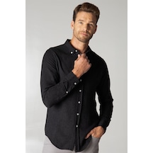 Tudors Slim Fit Kışlık Yün Viskon Düz Gömlek-25541 Siyah